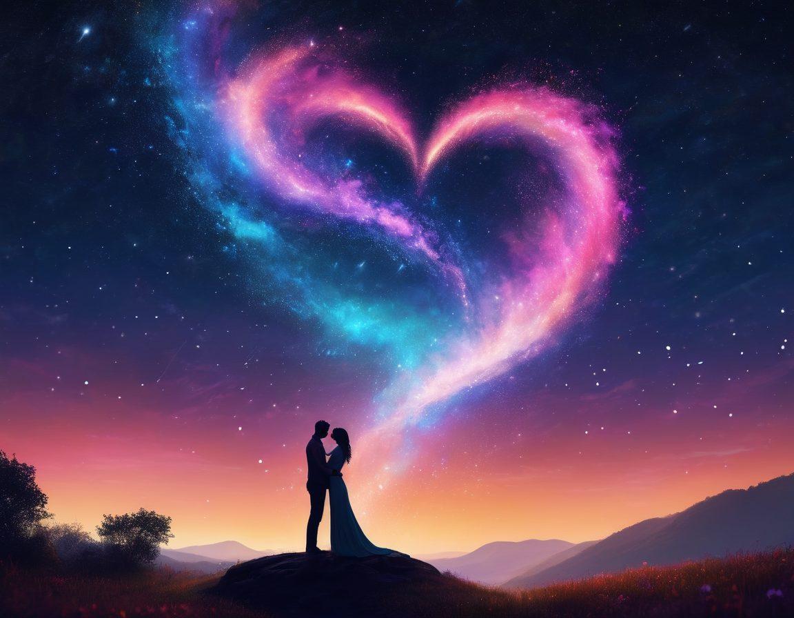 A surreal scene depicting a night sky filled with shimmering stars transforming into vibrant hearts as they fall gently towards the earth. The foreground features a couple embracing, surrounded by swirling winds of color symbolizing passion and intense affection. The atmosphere is ethereal and dreamlike, inviting the viewers to feel the warmth of love. super-realistic. vibrant colors. dreamy background.