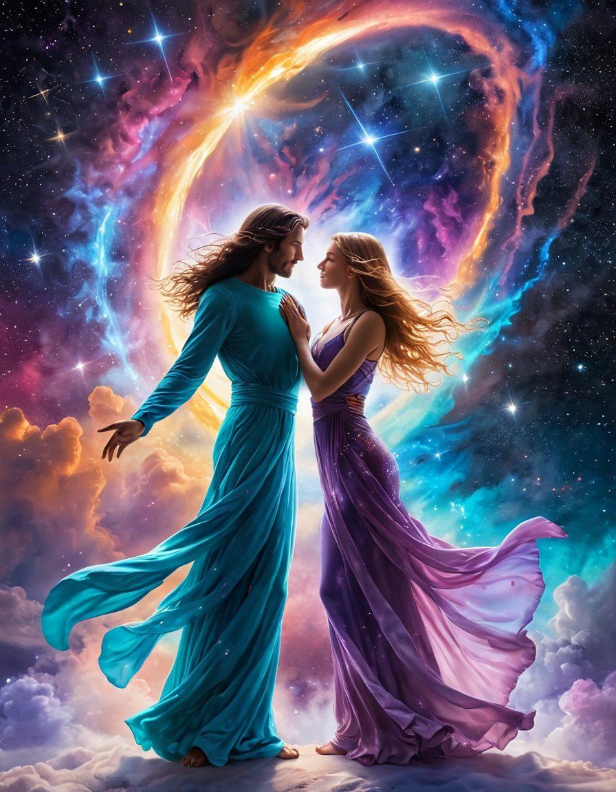 A celestial scene depicting two ethereal figures entwined in a cosmic dance, surrounded by vibrant nebulae and twinkling stars. Their expressions radiate joy and intimacy, with soft luminous light illuminating their forms. Comets and shooting stars streak through the background, symbolizing ecstatic connections and love across the universe. ethereal, super-realistic, vibrant colors, cosmic theme.
